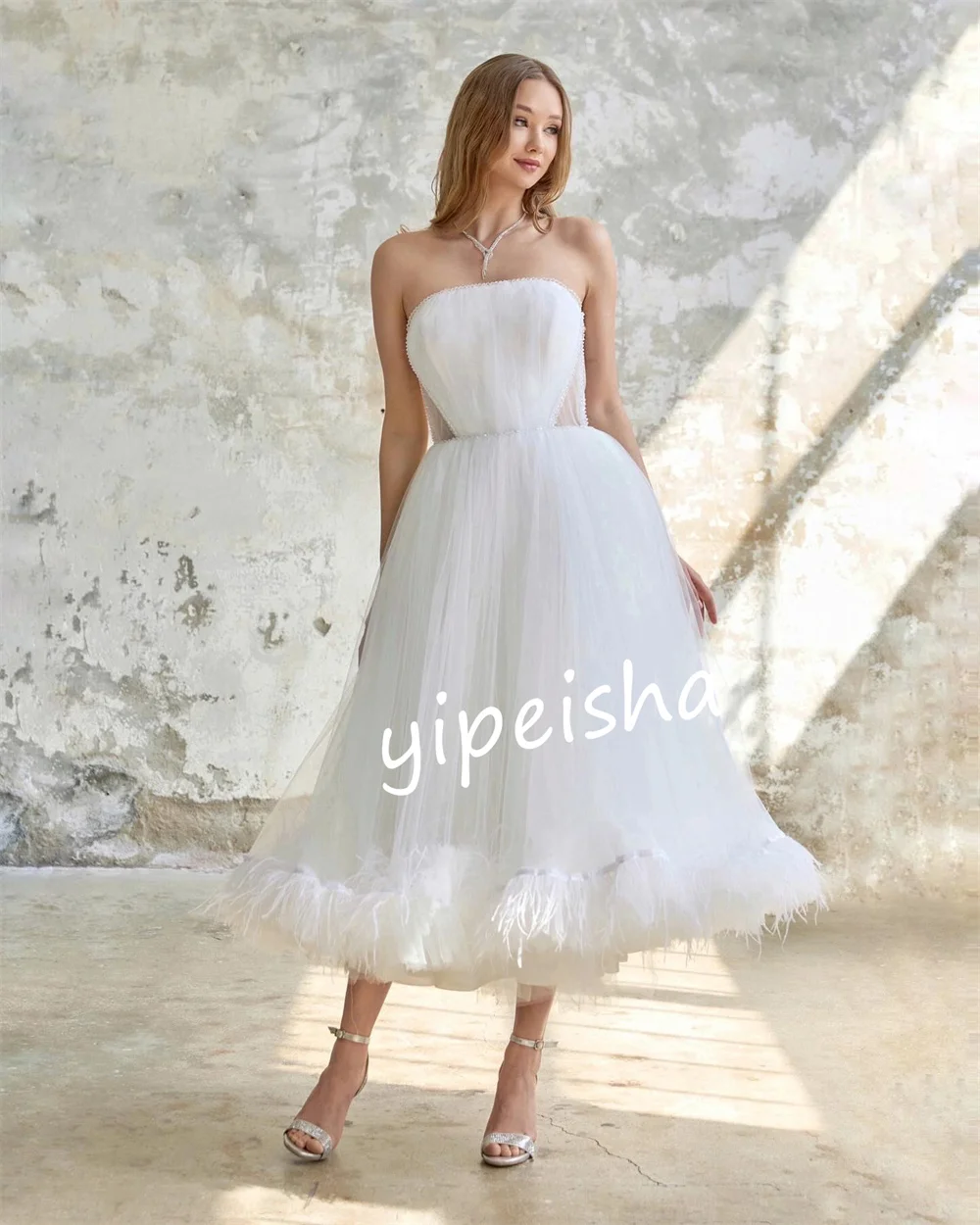 Robe trapèze sans bretelles en tulle, robes mi-longues, zone de plissage, sur mesure, occasion