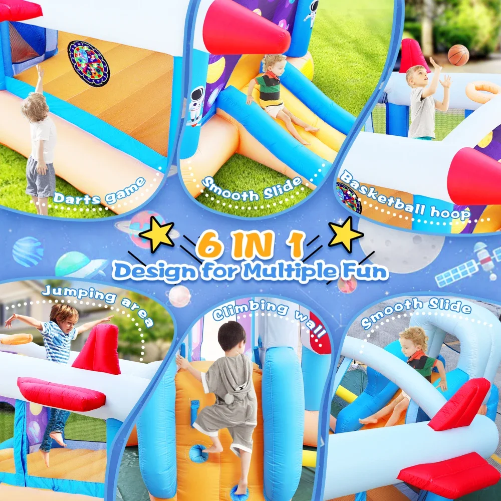 Castillo inflable 6 en 1 para niños, casa hinchable para interiores y exteriores, Tobogán de pelota de baloncesto con soplador