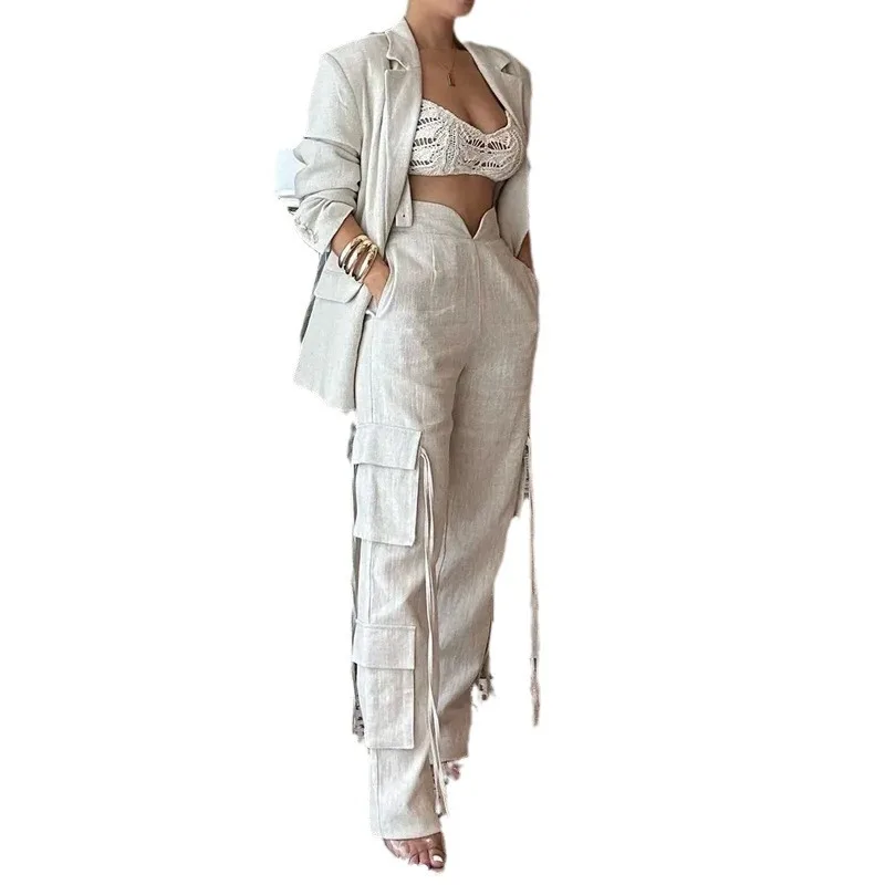 Two Piece Set Women High Waist Cargo Pants Suits Cardigan V Neck Full Sleeve Spliced Coats Loose Fit Solid Office Lady