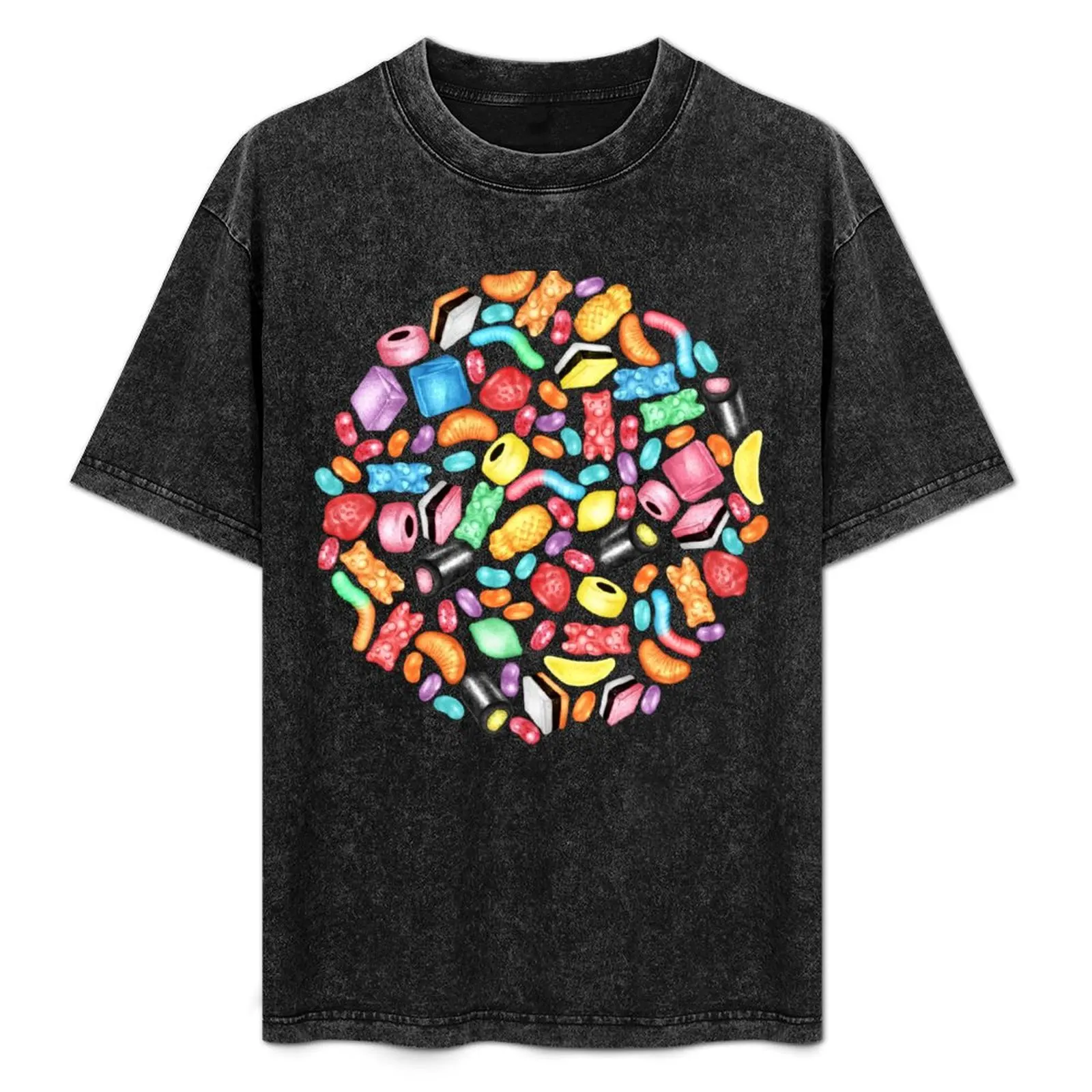 Rainbow Diet - a colorful assortment of hand-drawn candy on black T-Shirt custom shirt anime mens clothing