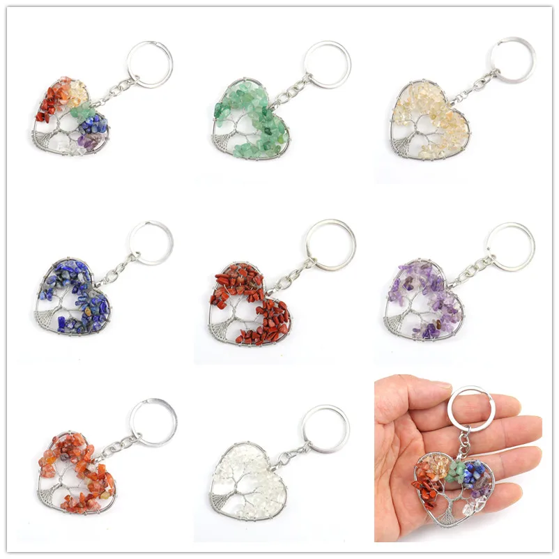 10pcs Heart Tree of Life Key Ring Natural Stone Chip Beads Crystal Rubble Quartz Keychain Pendant Keyrings Bag Acc Jewelry