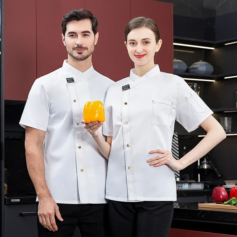 Black Unisex Kitchen hotel Chef Uniform Bakery FoodService Cook Short Sleeve shirt Breathable Double Breasted Chef Jacket clothe