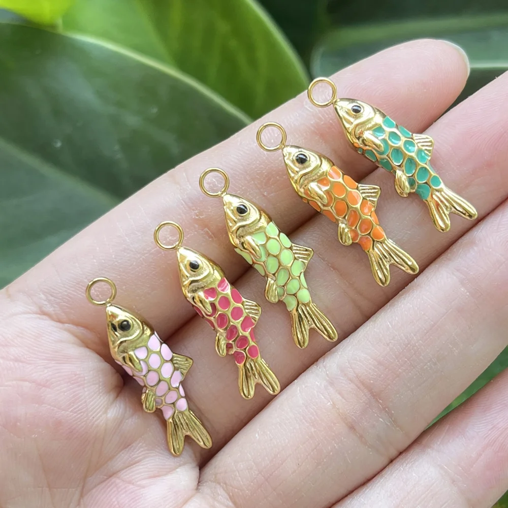 10pcs/ Bag Stainless Steel Carp Fish Pendant Fashionable Enamel Drip Oil 3D Fish Lucky Symbol Pendant Charms