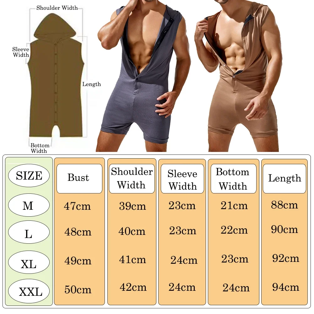 Men's Casual Sleeveless Jumpsuit Breathable Tracksuit Leotards Bodysuit Hooded Rompers Shorts Skinny Home Wear Pajamas Onesies