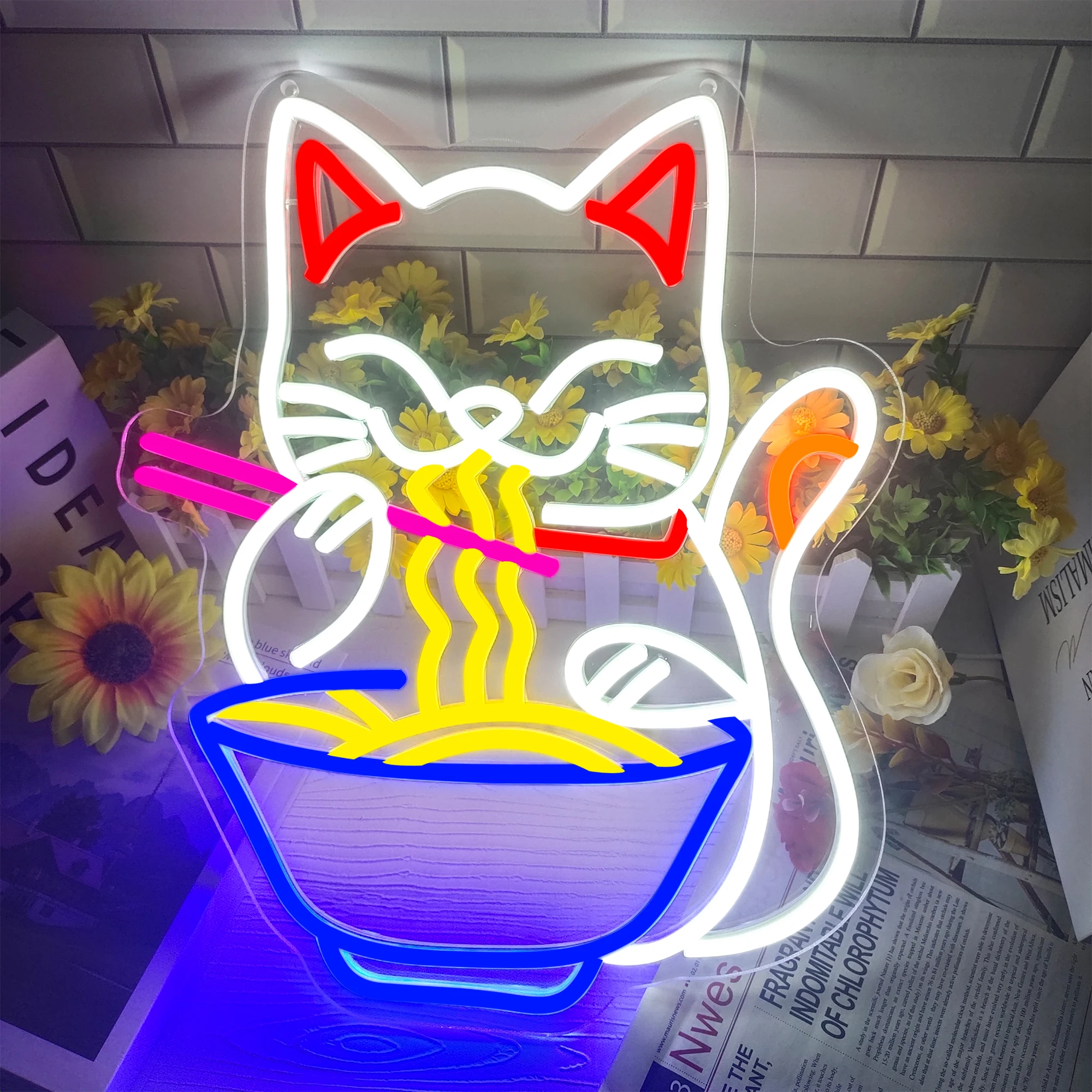 Cartel de neón personalizado de Fortune Lucky Cat, luz LED de diseño de fideos Ramen para habitación del hogar, dormitorio, tienda, salón, estudio,