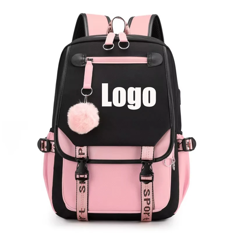 Custom logo Large School Package Teenage Girls USB Port Canvas Schoolbag Bag Fashion Black Pink Teen School Backpack Dropshippi