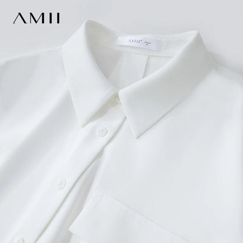 AMII Minimalistische Office Lady Blouses Dames 2025, Effen Korte Mouw Zomer Asymmetrische Turn-down Kraag Chiffon Shirts 12542219