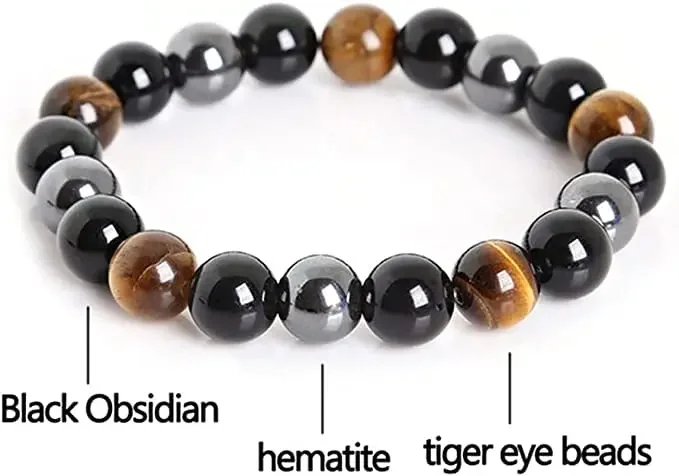 Pulsera de Triple protección de hematita de obsidiana negra, juego de cuentas de ojo de tigre azul, pulseras de piedra de Lava para hombres y mujeres, 10MM