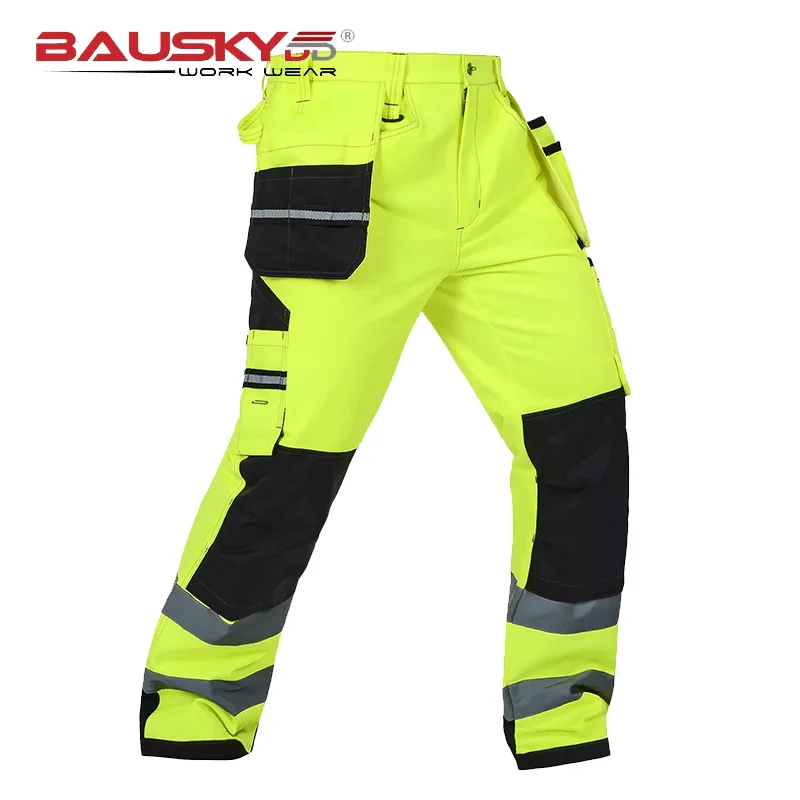 Bauskydd Mens Male Durable Workwear Multi-pocket Reflective Trousers with Knee Pads for Work Safety Working Pants