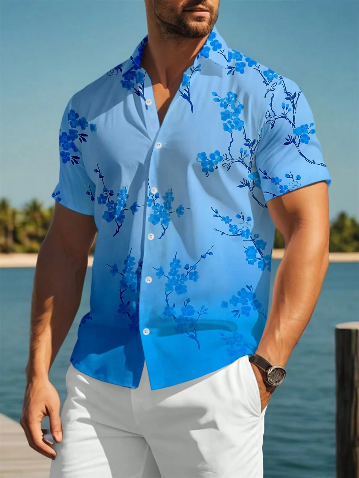 Camisa estampada flor 3D masculina, abotoada, feriado casual, manga curta, camisa havaiana, tecido elástico confortável, grande