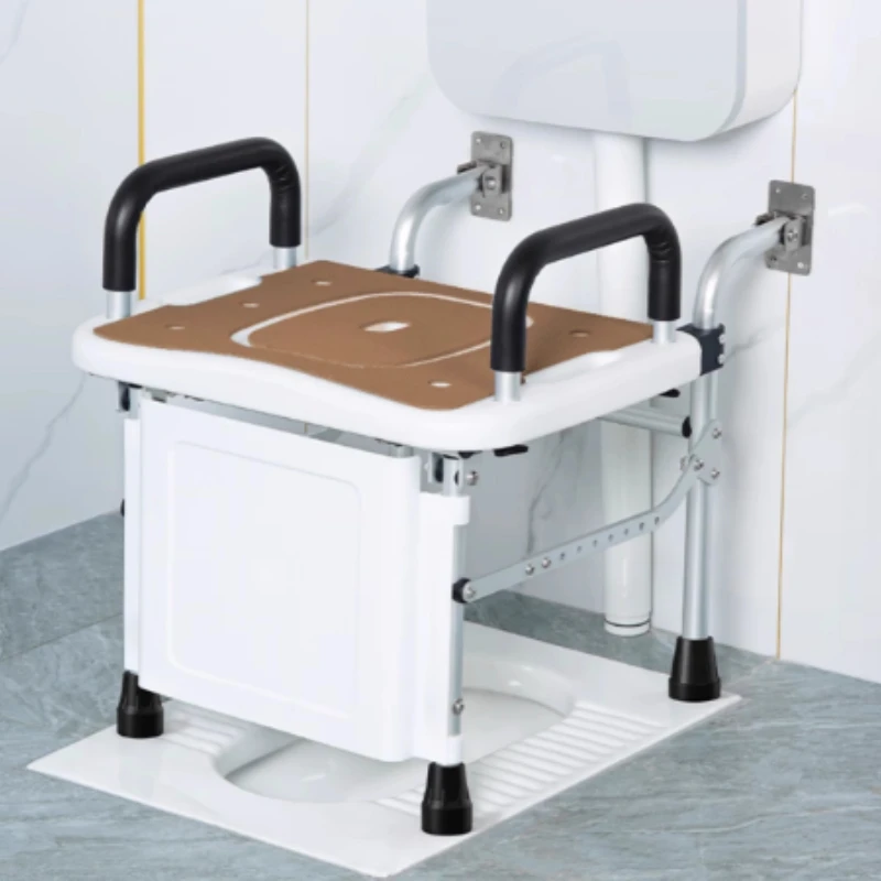 Commode Toilet Squat Toilet Converted To Toilet Seat, No Punching Foldable Elderly Bathroom Commode Chair for Disabled Armrest