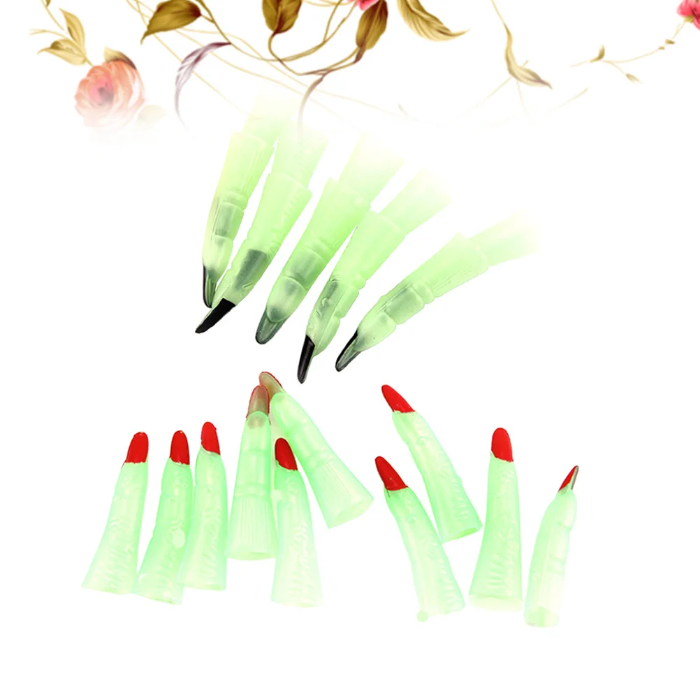 20 pçs luz noturna unhas halloween bruxa dedos falso assustador luminoso vermelho decorações brincadeira adereços unhas de bruxa
