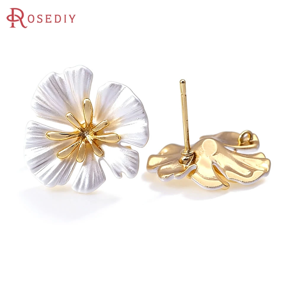 4PCS Flower 19MM 18K Gold Color Brass with Oil Paintings Stud Earrings Pins Earrings High Quality Diy Women's Earrings Making