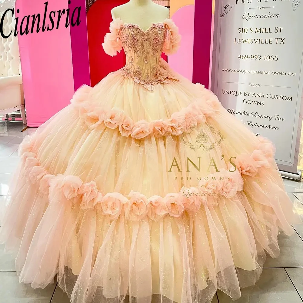 Princess Tiered 3D Flowers Ball Gown Quinceanera Dresses Off The Shoulder Appliques Lace Corset Vestidos De 15 Años