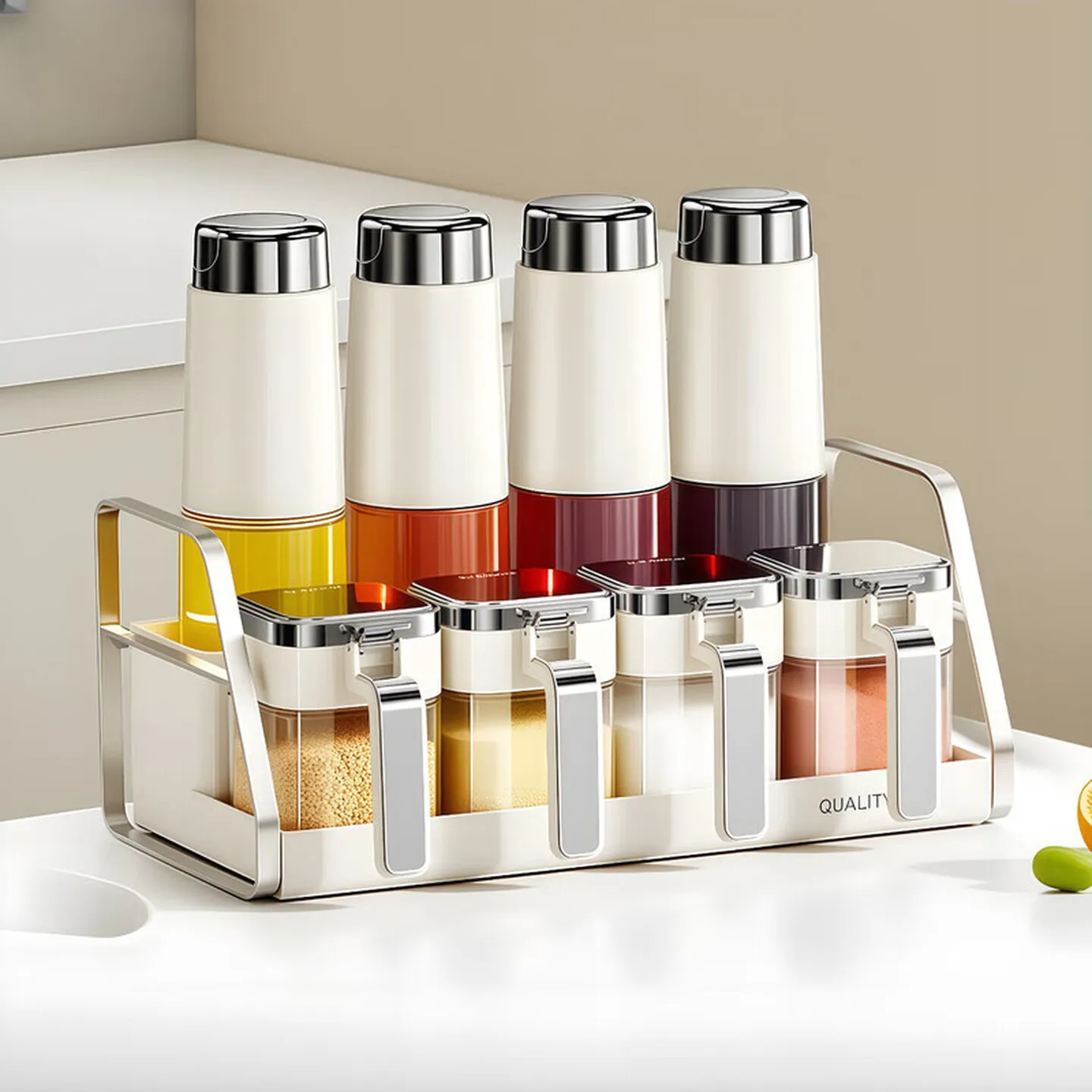 9 Piece Gravity Oil Dispenser Set Kitchen Condiment Kit with Four 500ml Bottles, 4 Spice Jars, Storage Rack and Auto Flip Lids