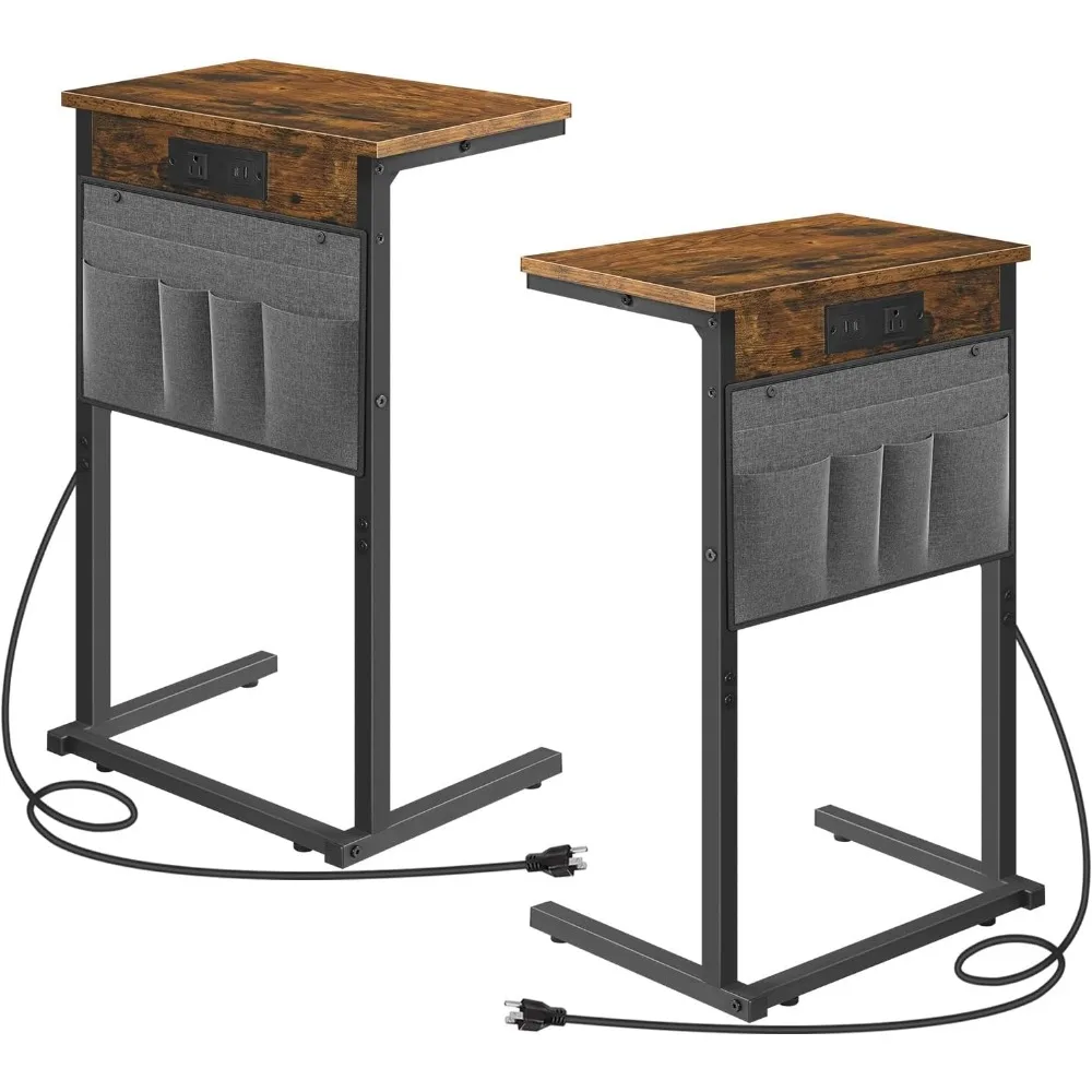 

HOOBRO C Shaped End Table Set of 2 with Charging Station, 28 H Couch Side Tables for Small Spaces, Slide Under Sofa Tray Recline