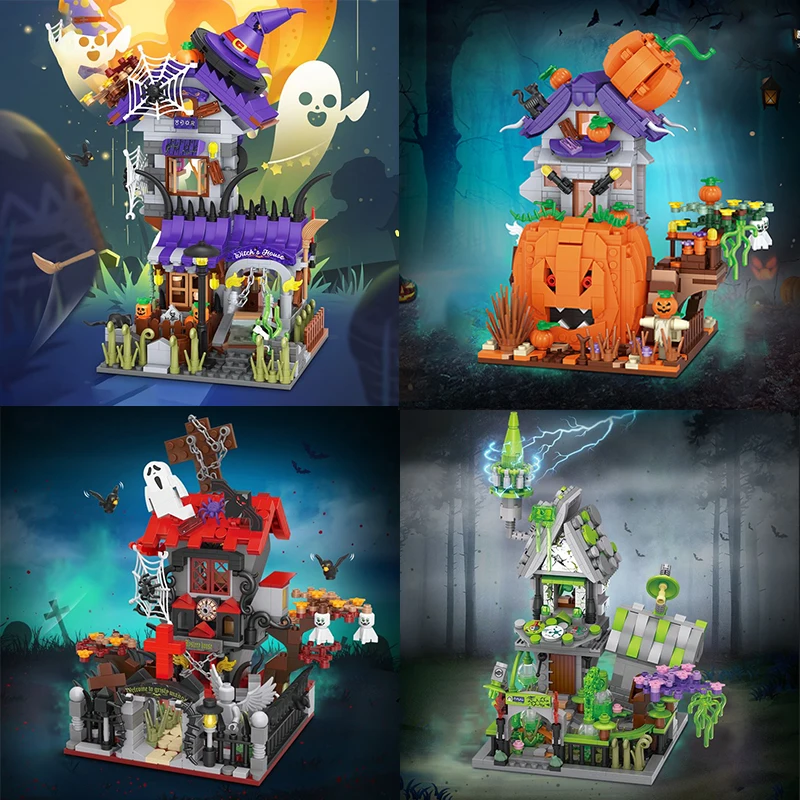 2023 Halloween Toys Building Blocks Assembly Pumpkin House Ghost House Witch Science Monster Friend Party Decor Model Kids Gifts