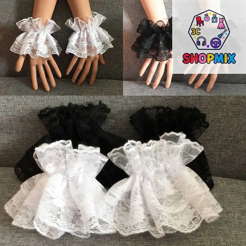

Элегантные женские короткие кружевные перчатки-манжеты в стиле Лолита с рюшами, цветочным узором и черным кружевом, эластичные, для Хэллоуина