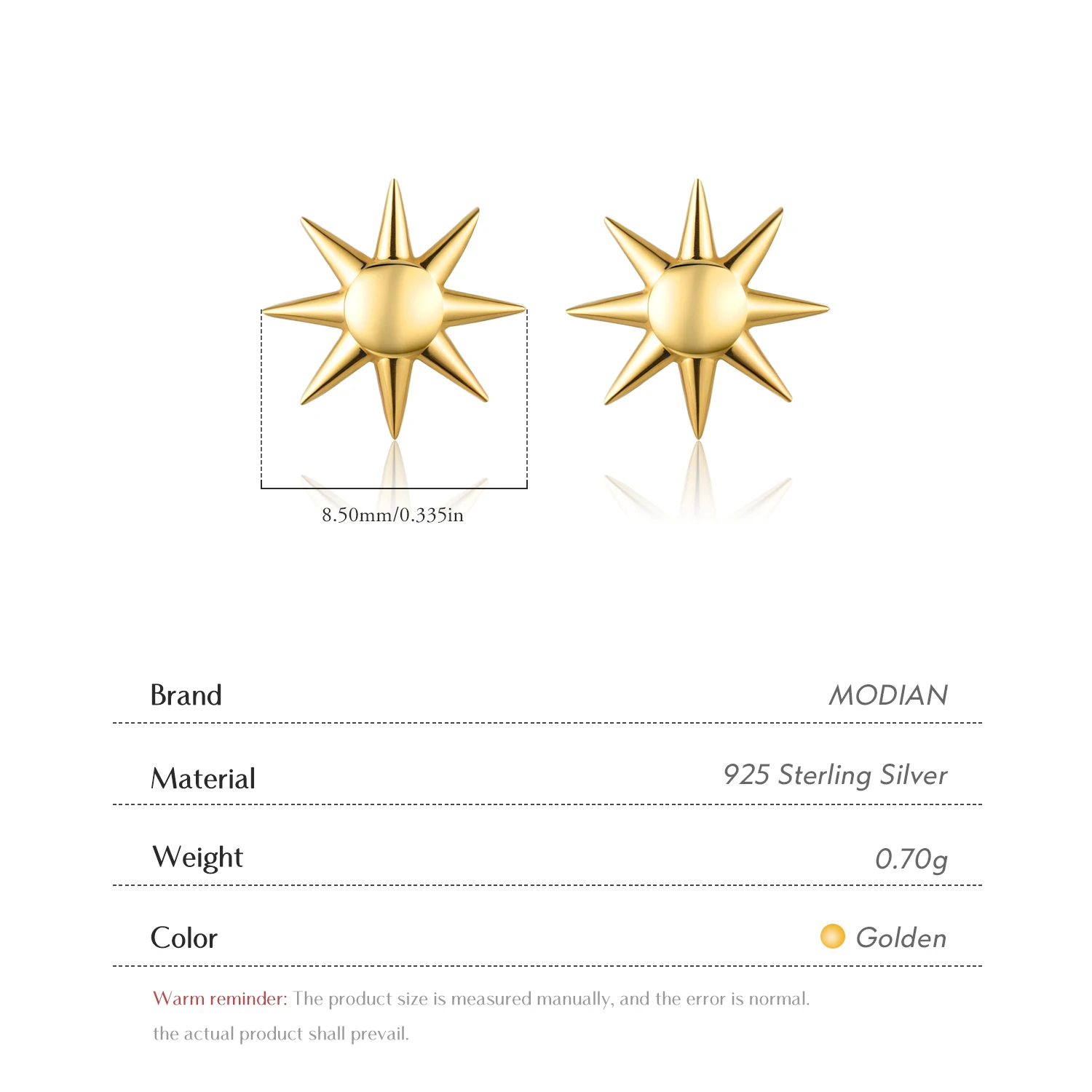 MODIAN 925 Sterling Silver Trendy Delicate Golden Color Sun Unisex Stud Earrings For Men Women Fine Jewelry