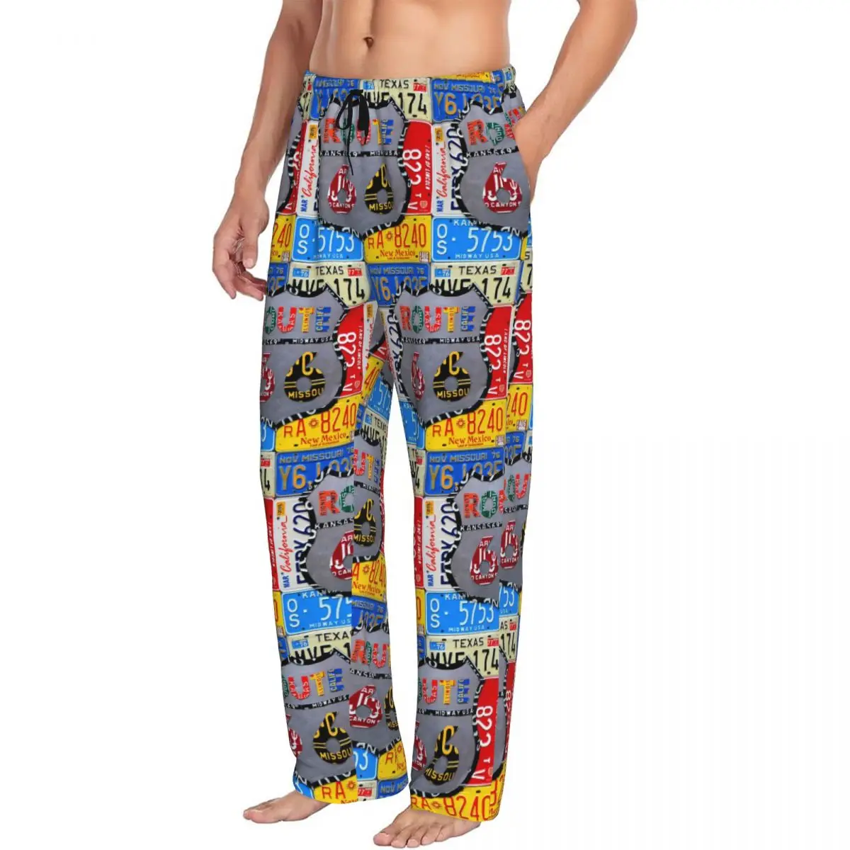 Custom Main Street Of America Pajama Pants Men's Route 66 License Plate Art Lounge Sleep Stretch Sleepwear Bottoms with Pockets