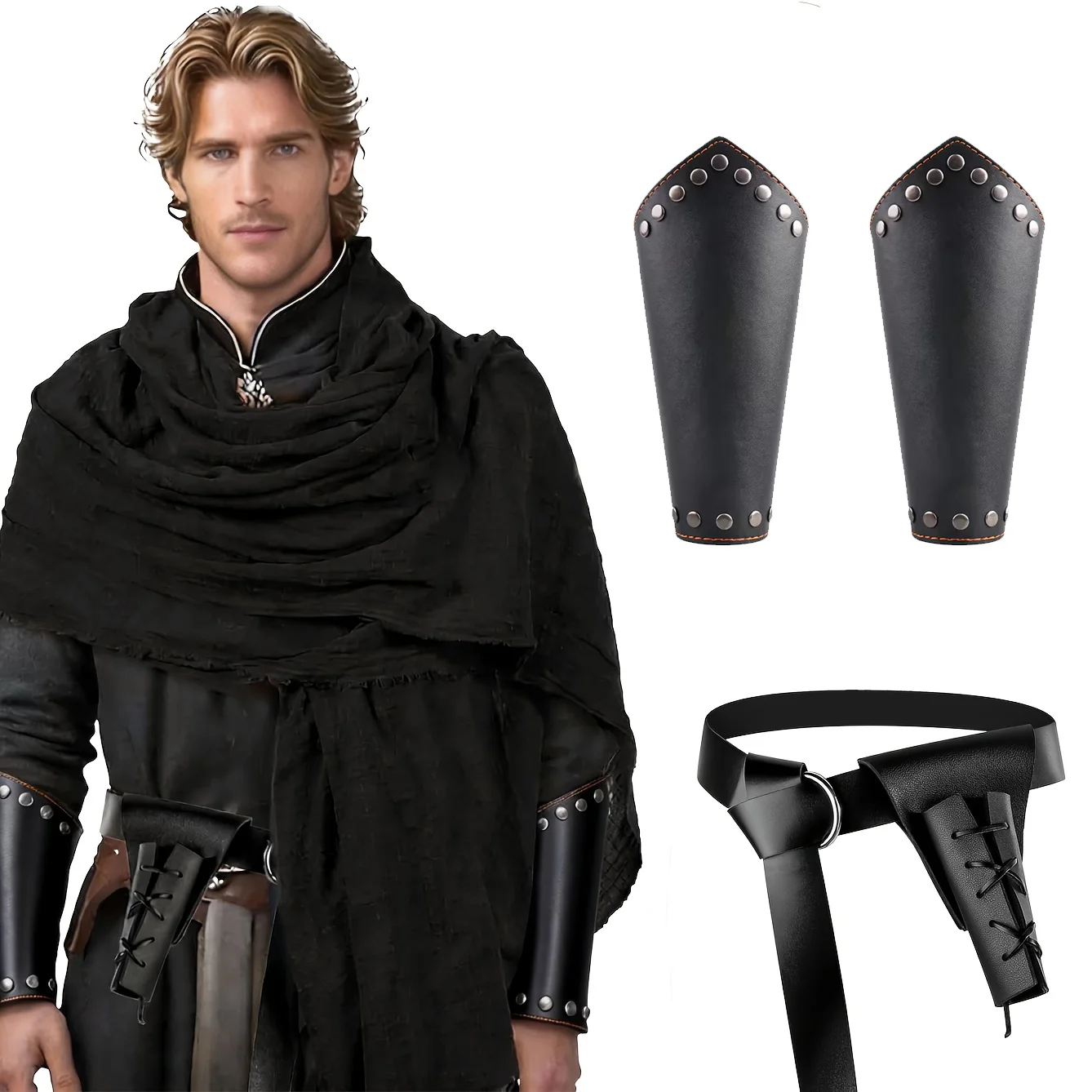 4pcs Medieval Viking Leather Set Punk Wrist Guards Sword Scabbard  Waist Belt Knight Costume Props