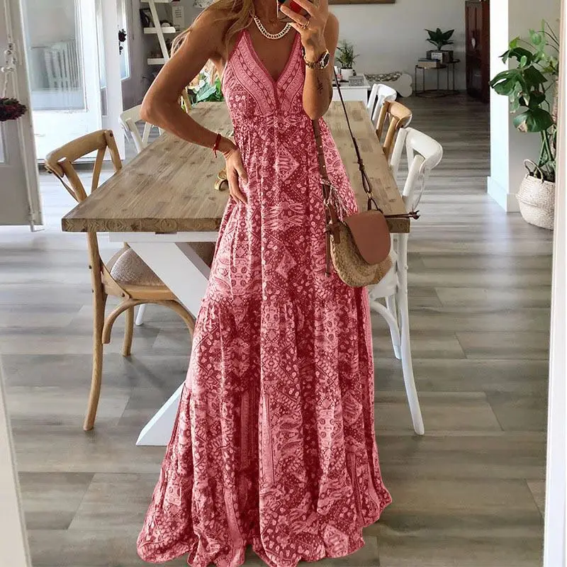 Vestido Boho com Estampa Floral e Decote em V, Vestido Maxi de Verão com Estilo Doce, Cintura Elástica e Sem Mangas