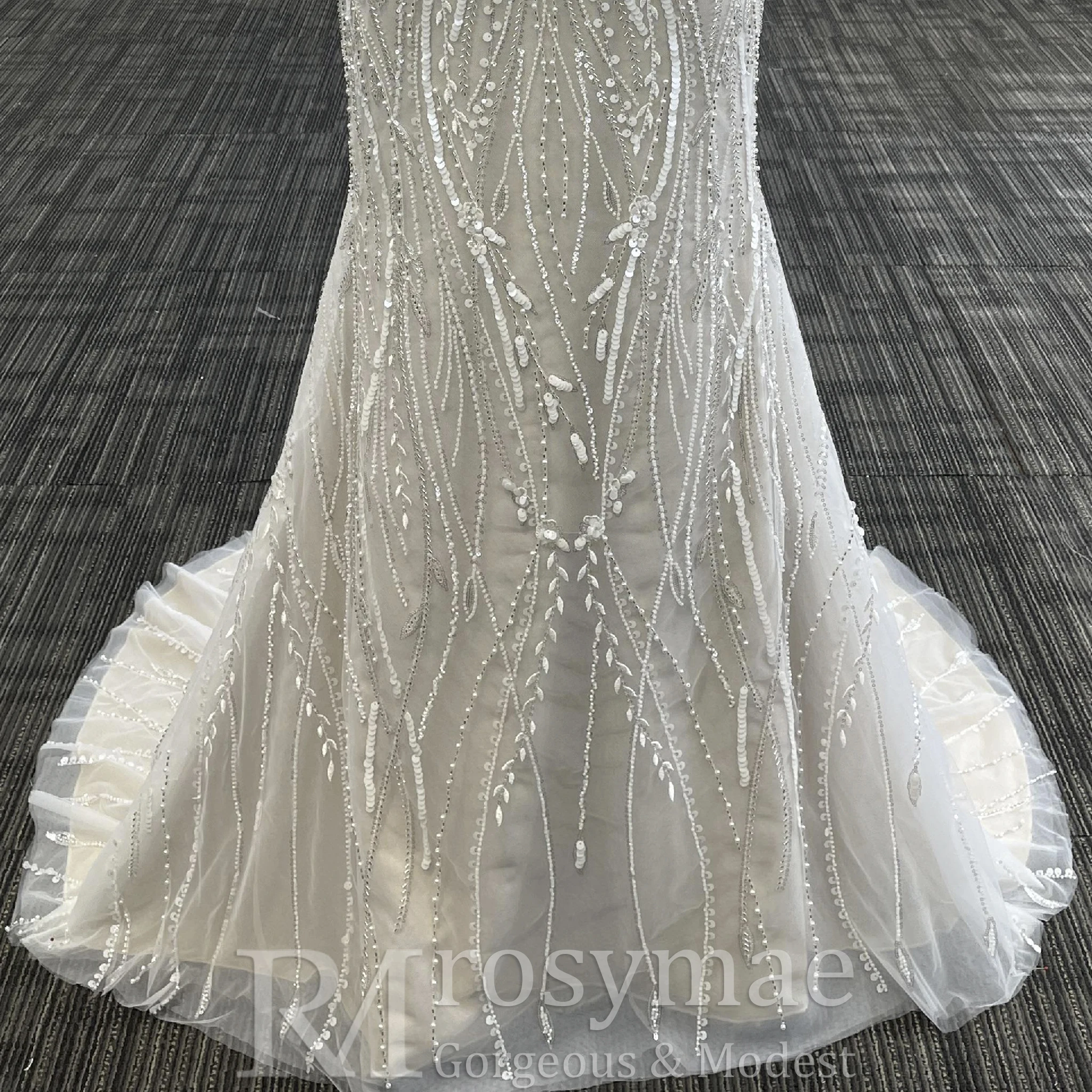 Rosymae-Meerjungfrau-Spitze-Langarm-Brautkleider, transparente Halskleider, Vestido de Novia Boda Civil