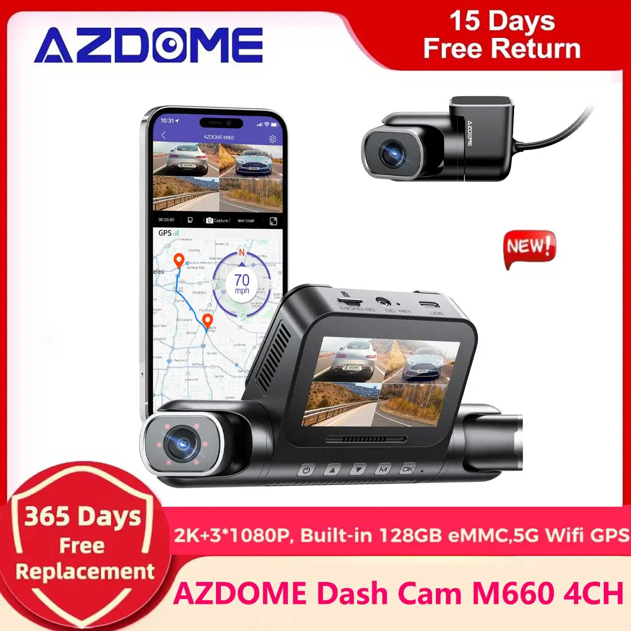 AZDOME M660 Dash Cam 4 Channel 2K+1080P*3 Dash Camera for Car DVR IR Night Vision Built-in128GB eMMC GPS WiFi Super Night Vision