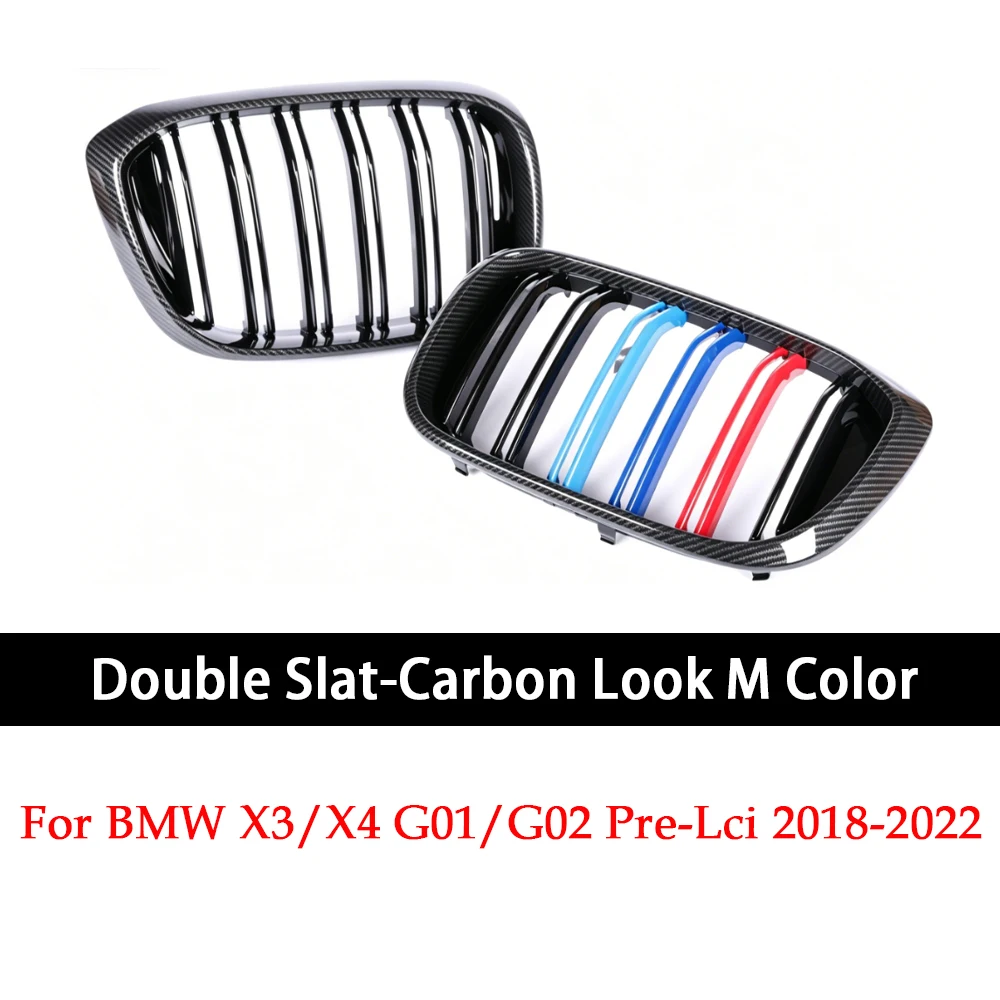 Double Slat M Color Caron Fiber Look Chrome Kidney Grille Glossy Black For BMW G01 X3 G02 X4 Pre-Facelift 2017-2022 M40i image 3