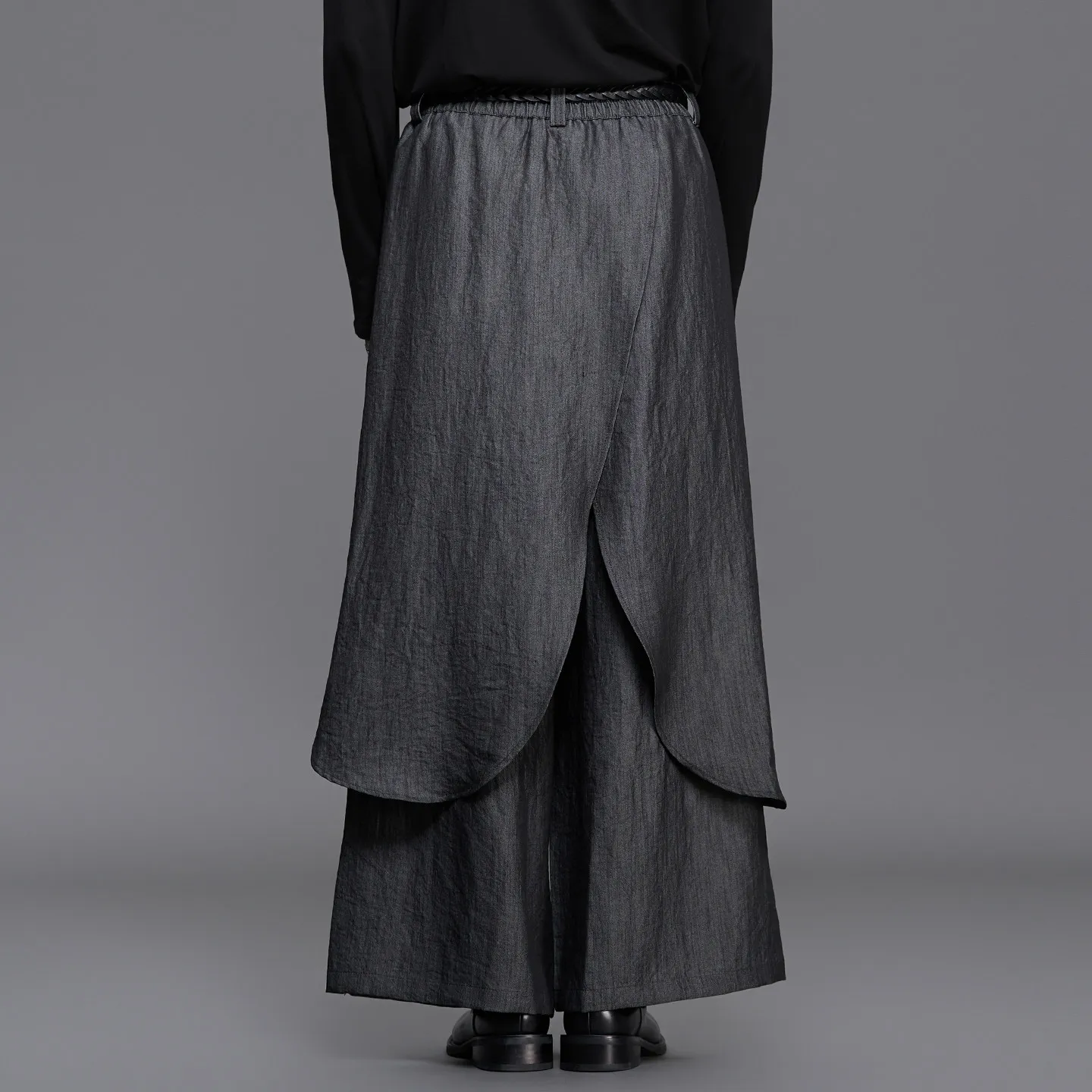Fall 2026 Designer Cut Dark Series High Grade Gray Casual Baggy Straight Trousers Fake Two-Piece Boys Samurai Pants