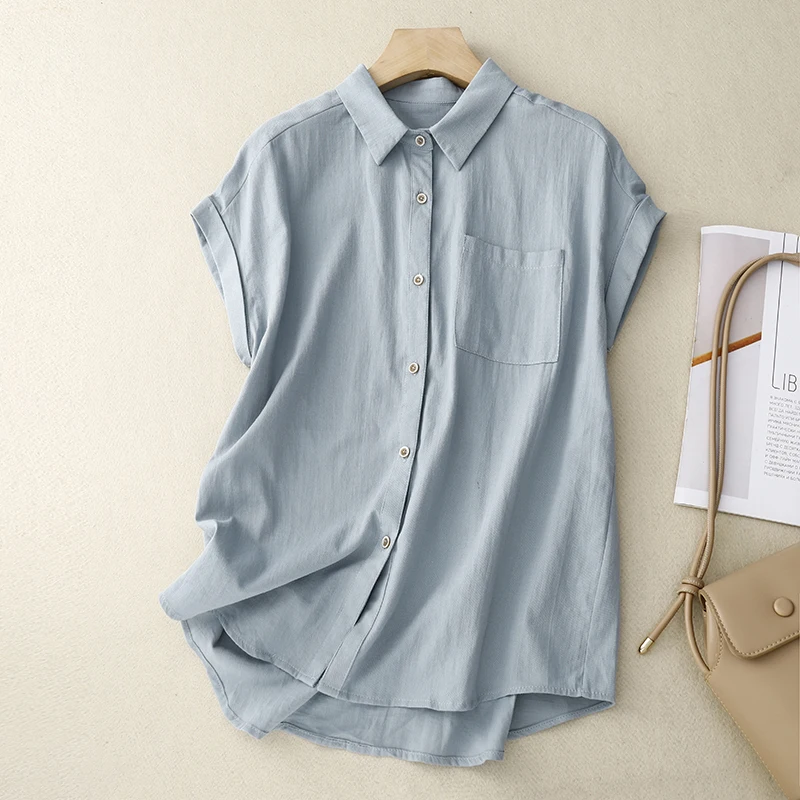 

Casual Cotton ort Sve irt Women's Summer Design Unique Commute Sle Pure Color Loose Fit Button up Korean Version