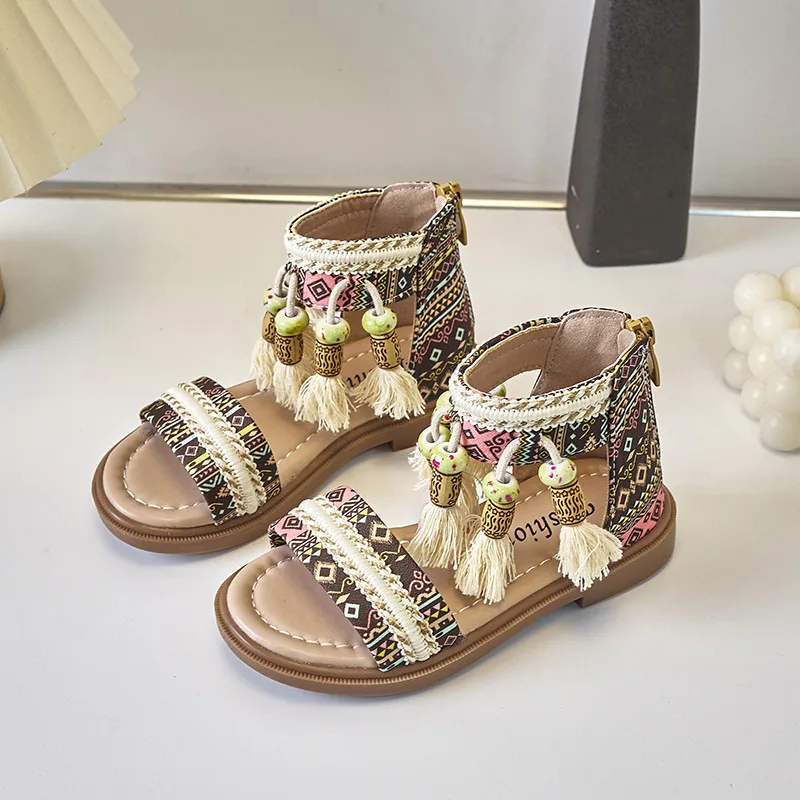 Children Sandals 2024 Summer New Fashion Girls Versatile Princess Shoes Kids Ethnic Style Tassels Soft Sole Shoes for Vacation