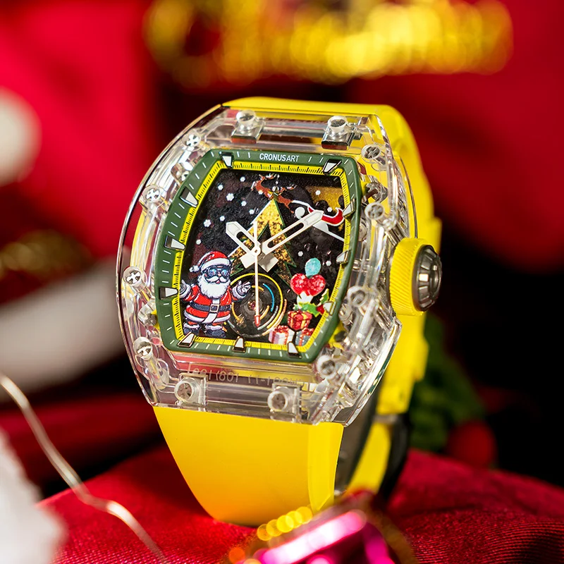

CRONUSART Men Automatic Watch 50mm Tonneau Mechanical Wristwatch K9 Acrylic Luminous Fluororubber Strap Skeleton Christmas Dial