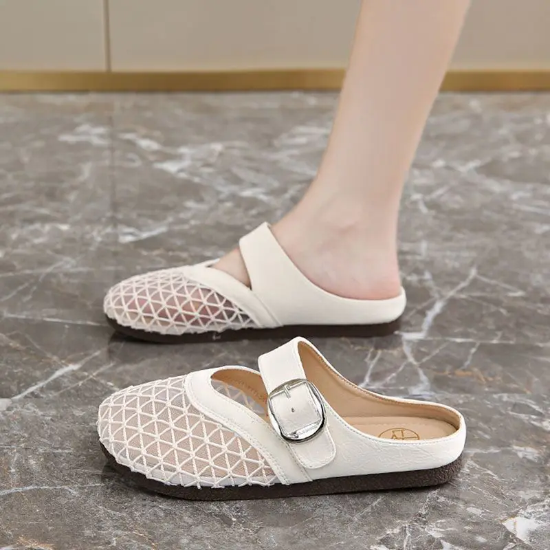 

Women's French Style Summer Mules 2026 New Design Mesh Breathable Flat Heel Soft Sole Closed Toe Slip On Half Slippers