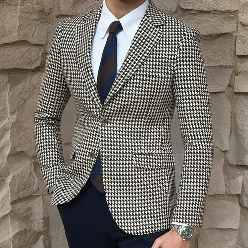 

Plaid Wedding Blazer for Men Slim Fit Casual Suit Jacket Notch Lapel Stylish Male Coat with Side Slit In Stock