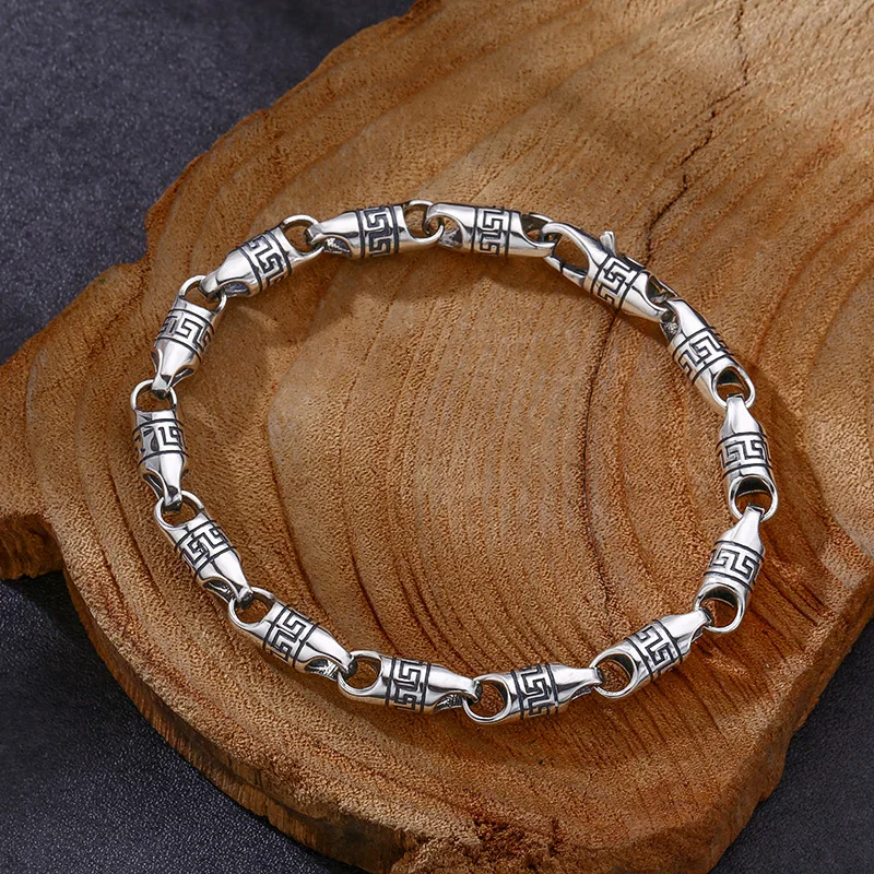 

925 sterling silver bracelet pattern bucket beads spliced bracelet trendyy thai silver retro distressed personalized jewelry