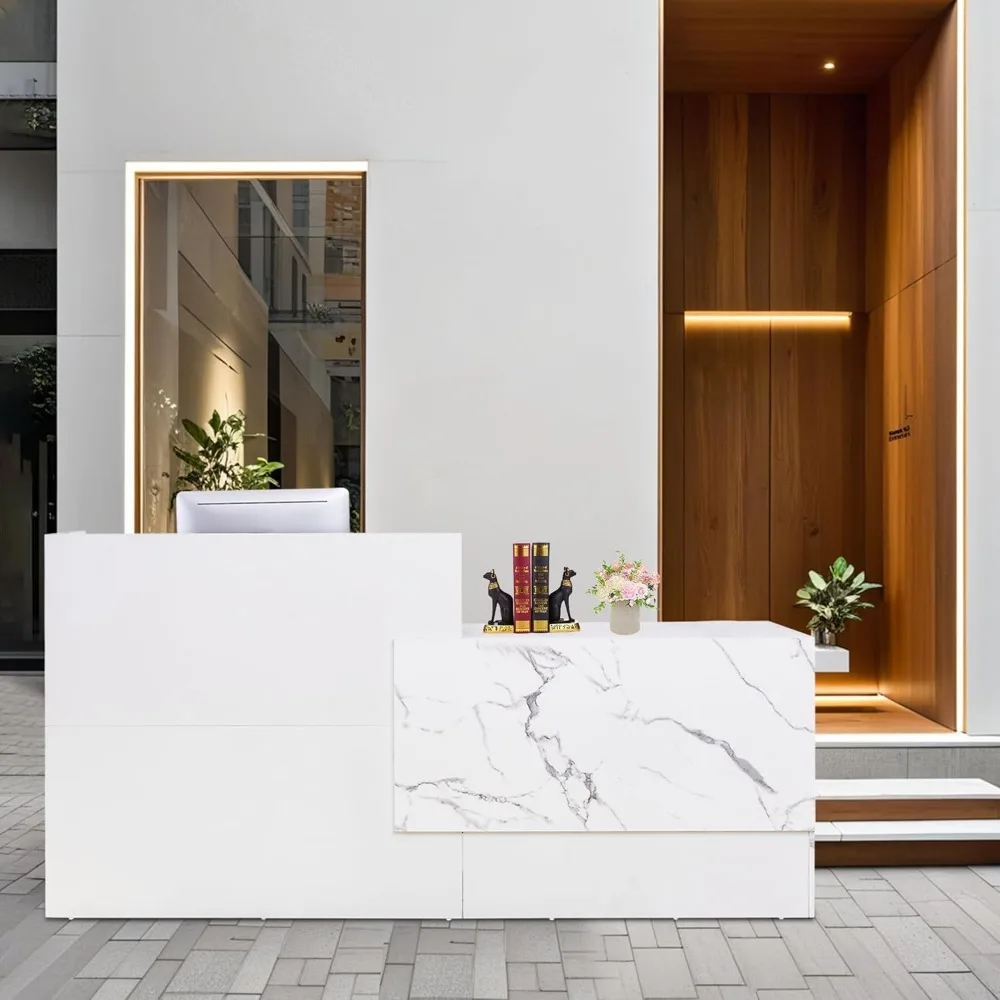 Mostrador de recepción moderno con cerradura y bandeja para teclado, estantes, blanco para oficinas corporativas y configuraciones profesionales