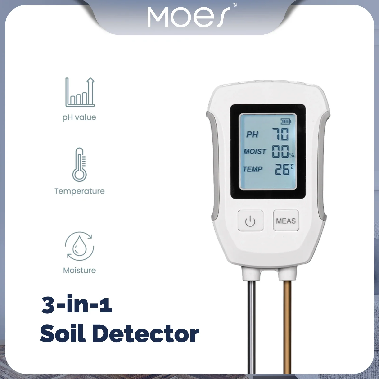 MOES-Detector de PH del suelo 3 en 1, termómetro con pantalla LCD, medidor de temperatura y humedad para jardinería, plantación en maceta de flores