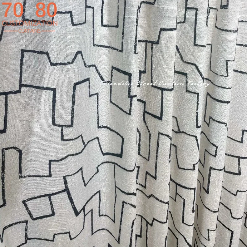 Black and White Geometric Graffiti Lines Jacquard Thickened Chenille Curtains for Living Room Bedroom French Window Customized