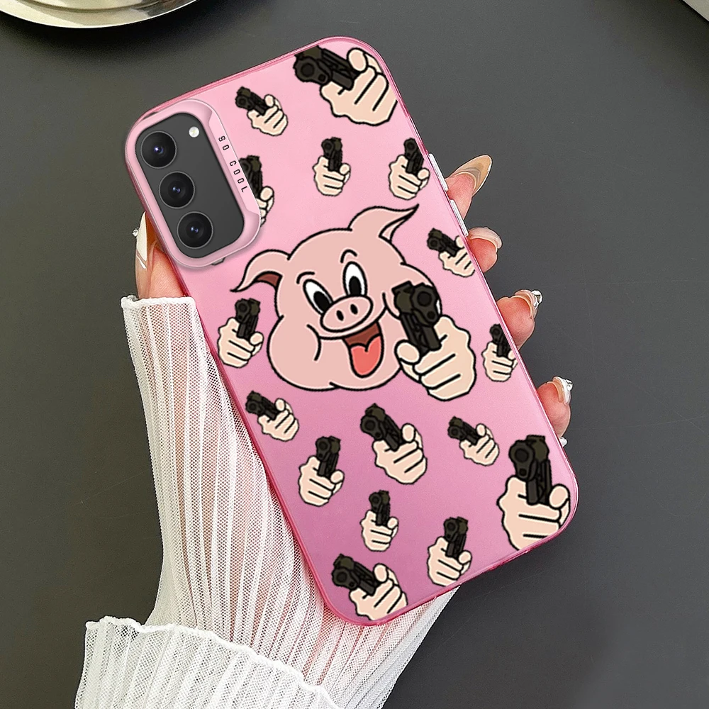 Cartoon Shoot Powder Pig Phone Case For Samsung S23 S24 S22 A71 A55 ULTRA PLUS FE Electroplated Silver IMD Laser Color Shell