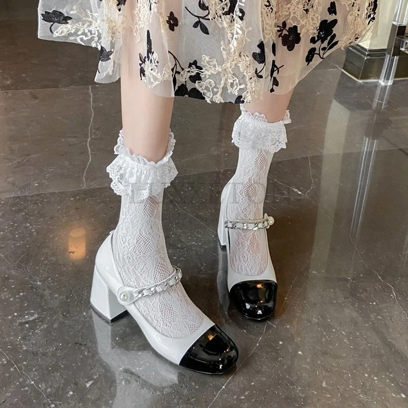 Leather Mary Jane Women High Heels Round Toe Thick Heel Gentle Sweet Cute Style Pearl Decoration Versatile Lolita Shoes