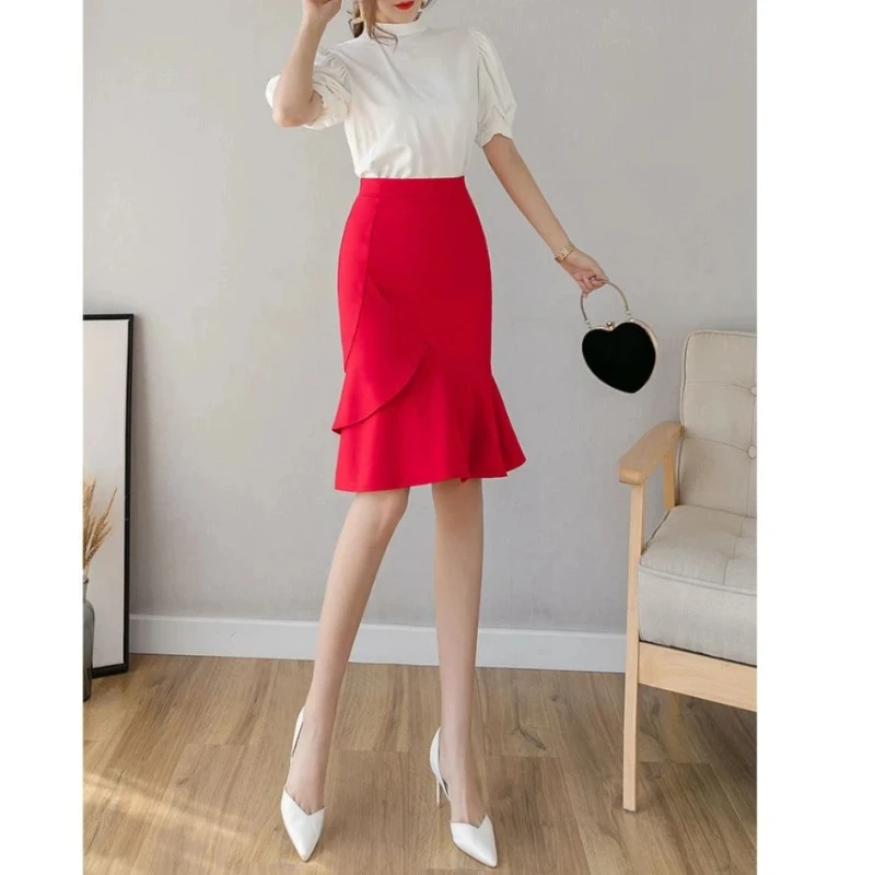 High Waist Irregular Elegant A-line Skirt Women Clothing Slim All-match Sexy Ruffles Fish Tail Half Skirt Fashion Office Summer - Image 2