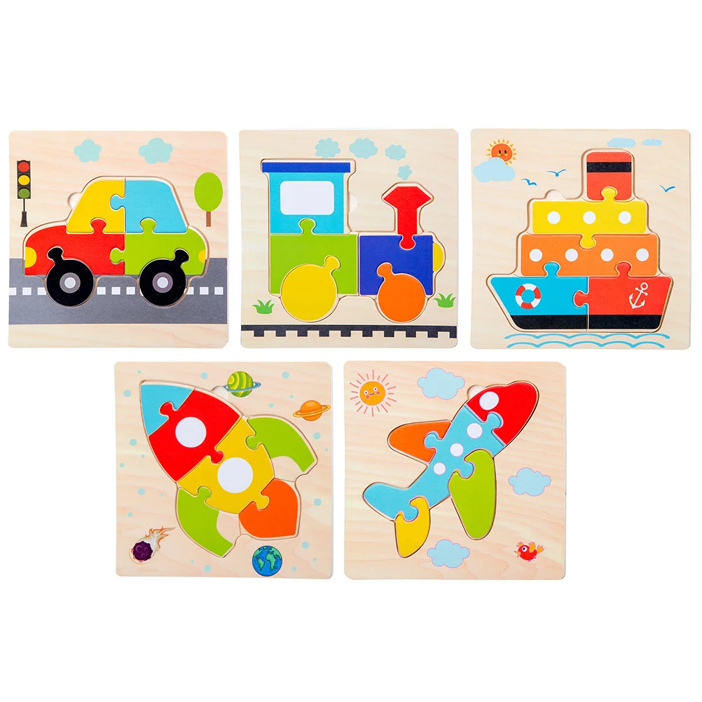 5 Stücke Kinder Pädagogisches Puzzle Holz Cartoon Auto Flugzeug Rakete Lokomotive Schiff Flugzeug 3D Bord Puzzle für Kreativität Entwicklung