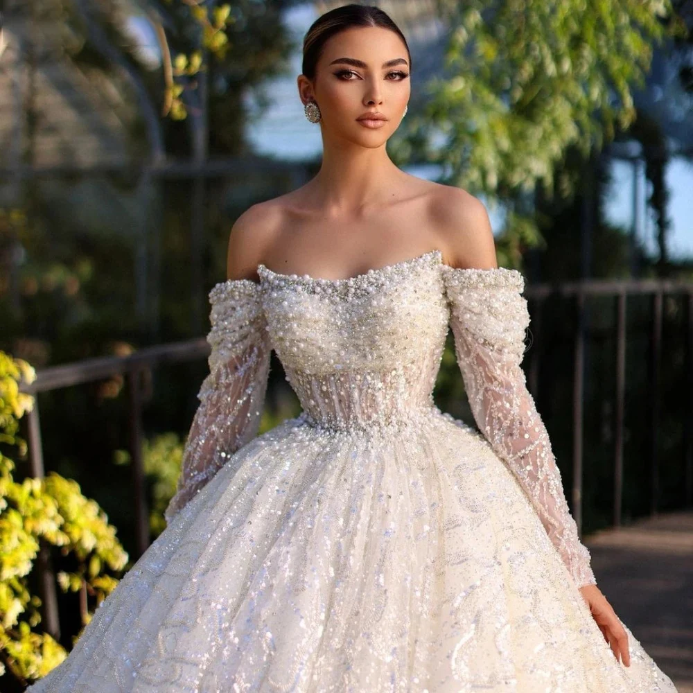 Luxury A Line Bridal Gowns 2024 Boat Neck Long Sleeve Sequins Wedding Dress Customized High Quality Princess Bride Dresses