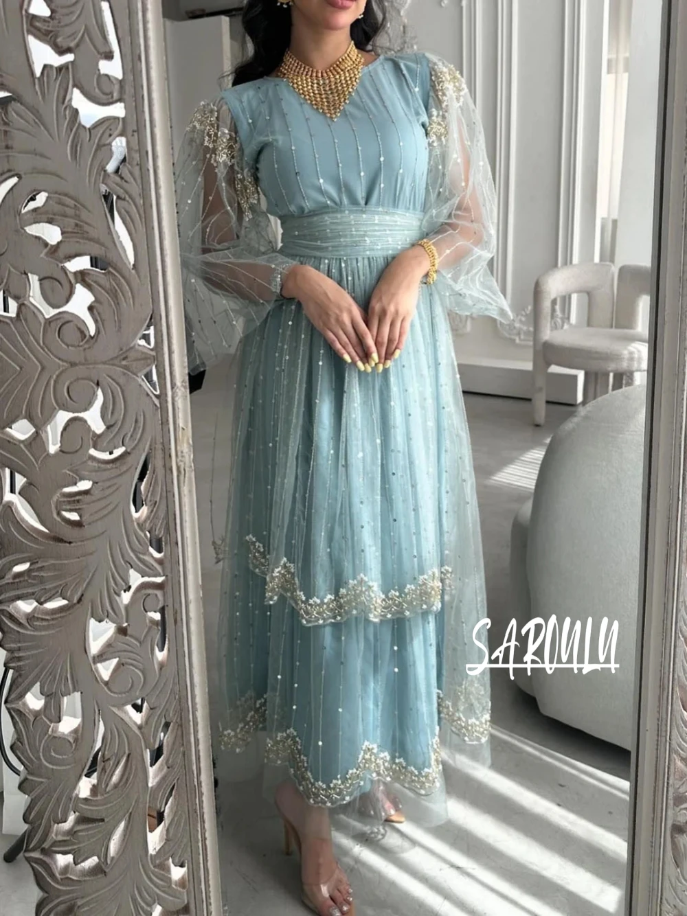 

Sequined Kaftan Pearls Evening Dress Elegant Party Plus Size Prom Gown Vintage Celebrity Customized Muslim Women Cocktail Wear