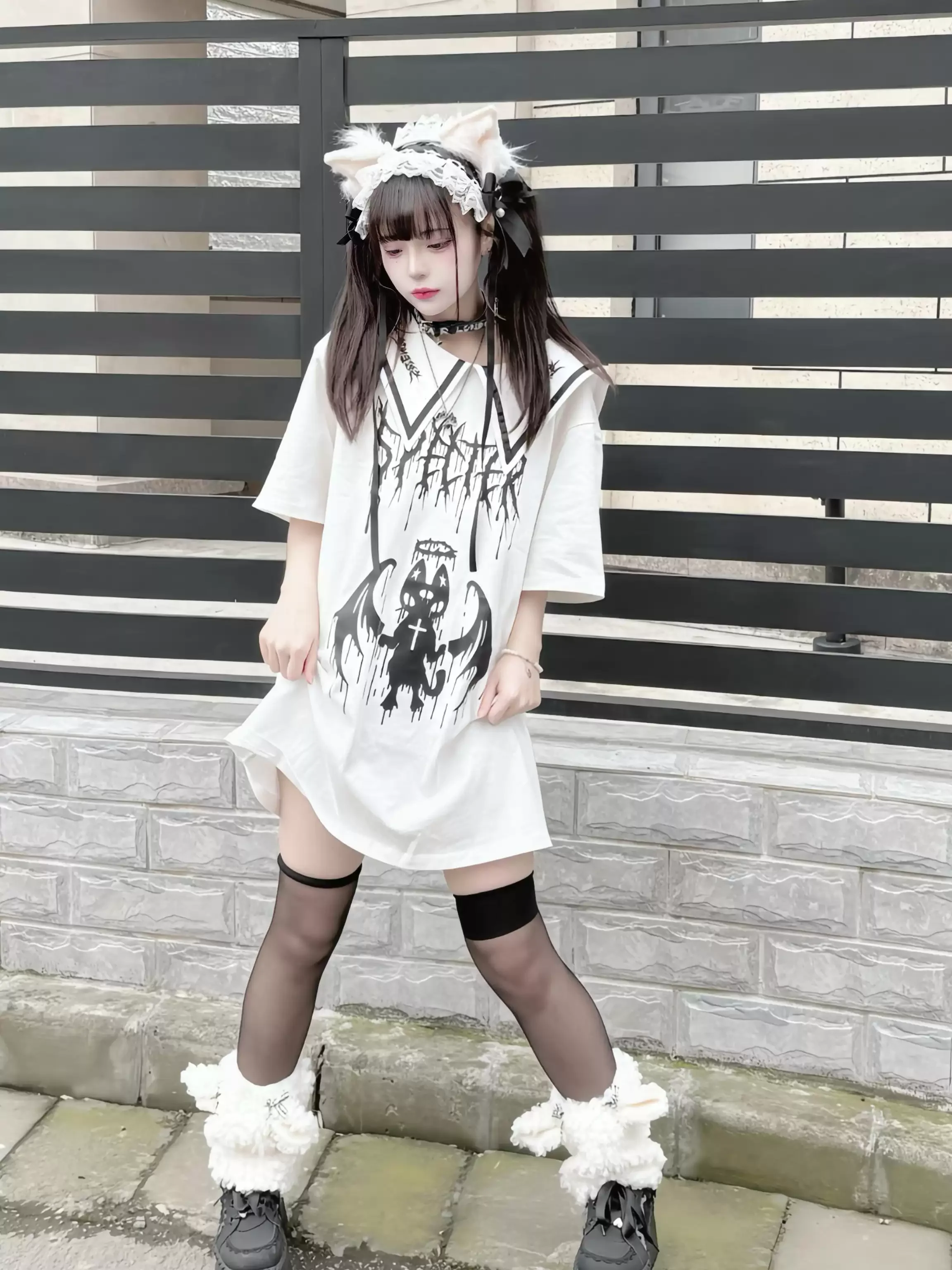 Original Y2k Top Cute Navy Collar Sailor Uniform Subculture Embroider Print Jirai Kei Tshirt Japanese Loose Casual Black T-shirt