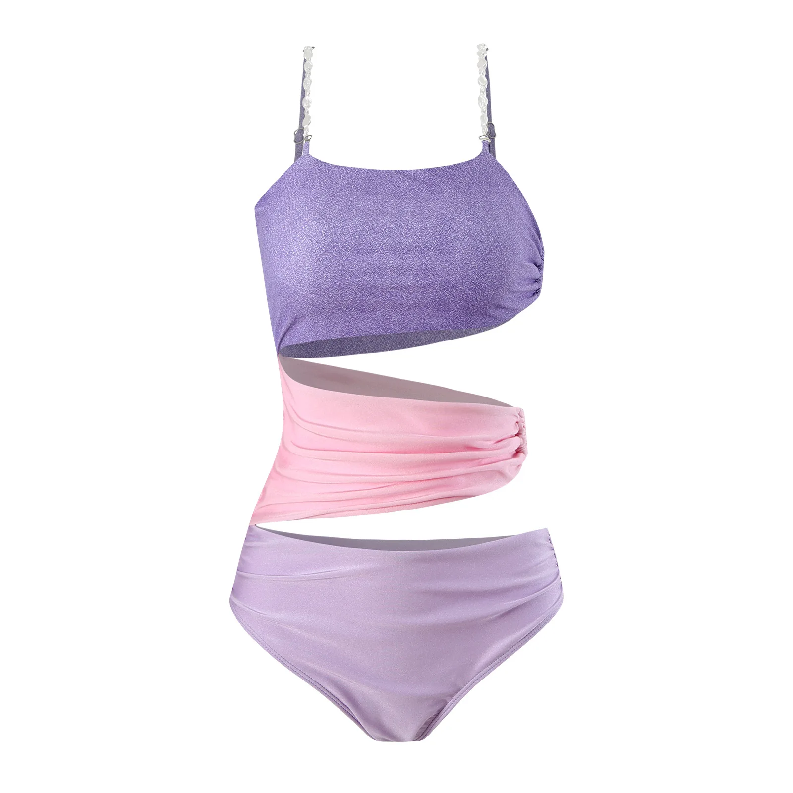 Elegant Color Blocked Woman Swimsuits Sexy Hollow Out One Piece Swimwear High Elasticity Purple Bathing Suit for Beach Vacation