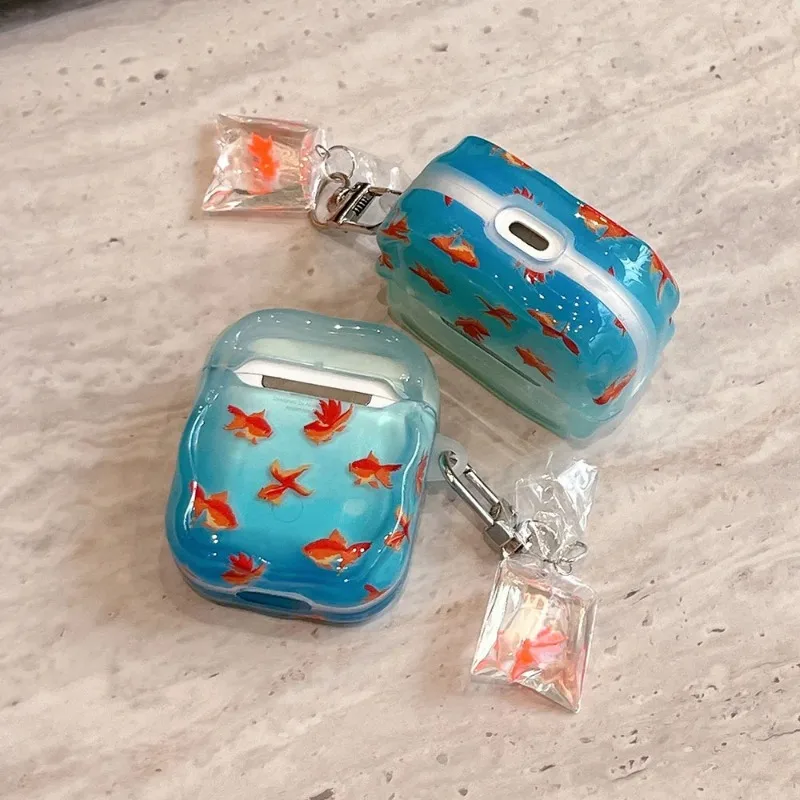 Силиконовый чехол для наушников с рисунком морской синей золотой рыбки для airpods 1, 2, 3, 4 pro 2, защитный чехол, прекрасный кулон с рыбой кои