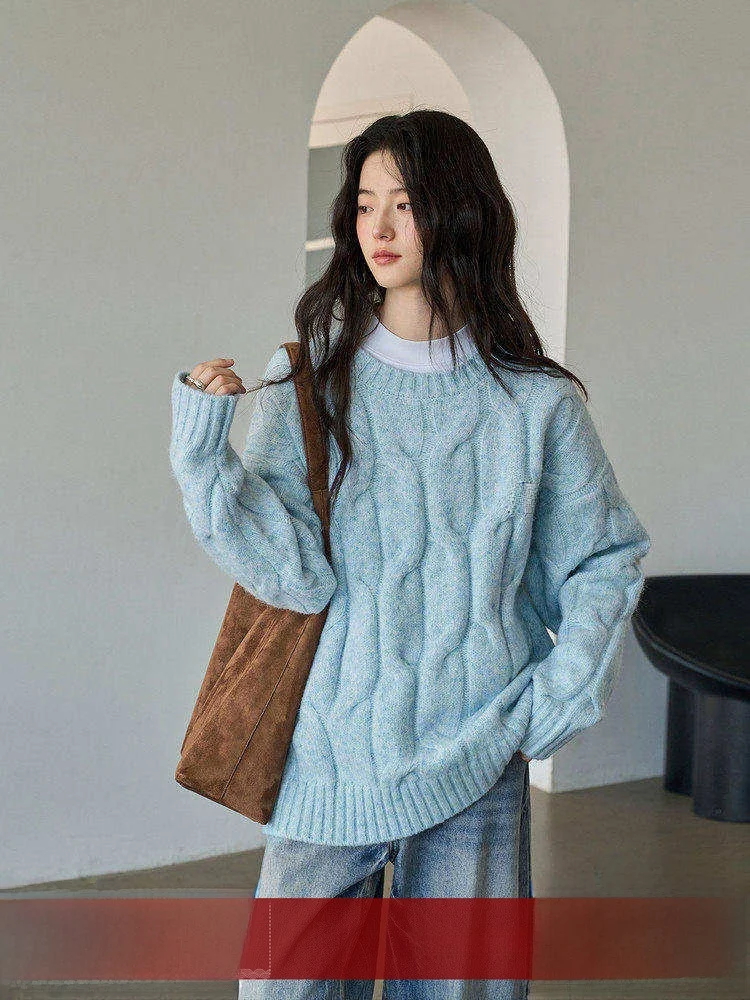 

MoZao Women's Thiened Knitted Loose Sweater round Ne Overhead Winter New Sle Comfortable Lazy Faion Soft Blue Twist