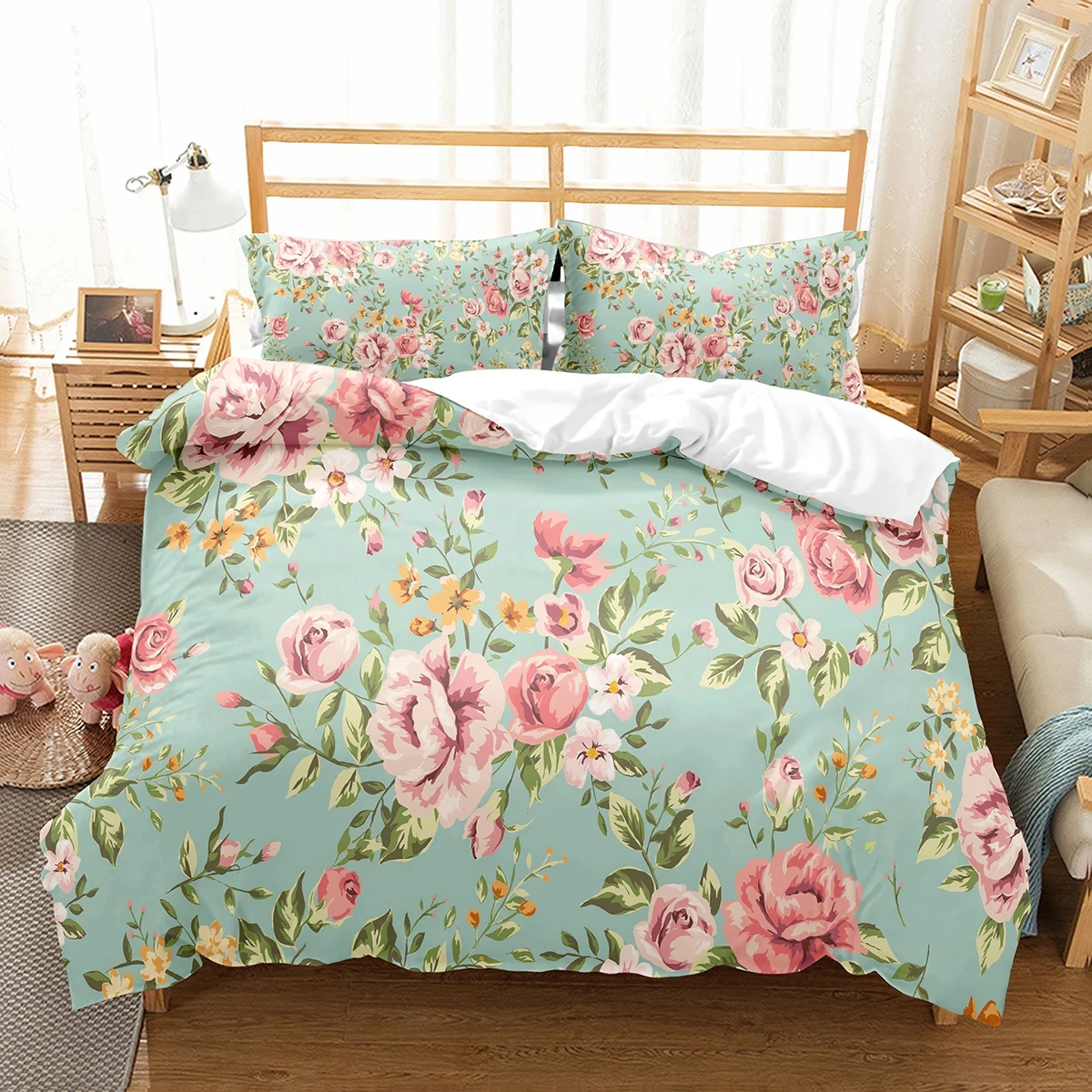 Modern Flower Duvet Cover Twin Queen Size Botanical Floral Bedding Set for Girls Teens Bedroom Rustic Farmhouse Comforter Cover